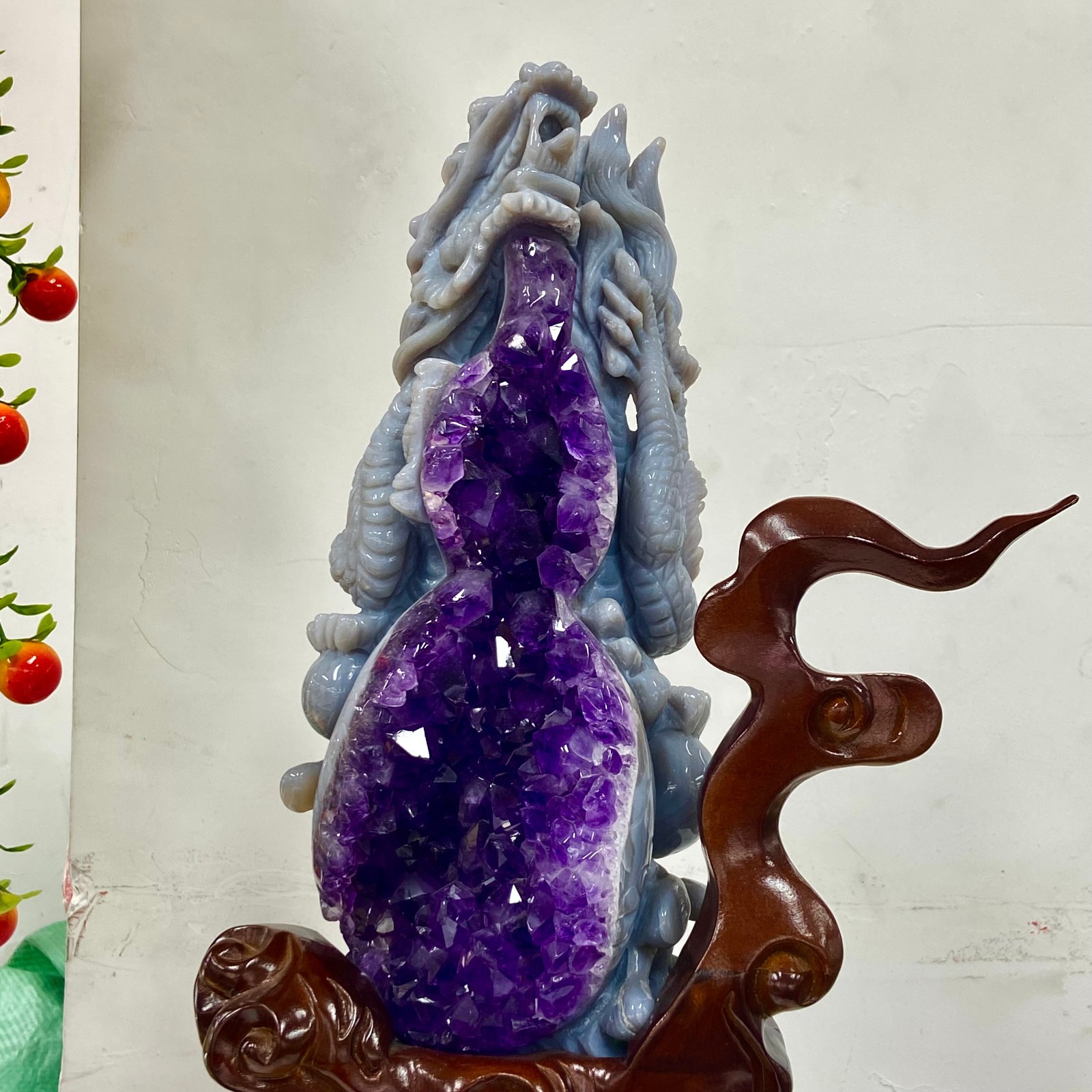 6.63LB Rare Natural Uruguay Amethyst Geode Quartz Crystal agate Carved Dragon