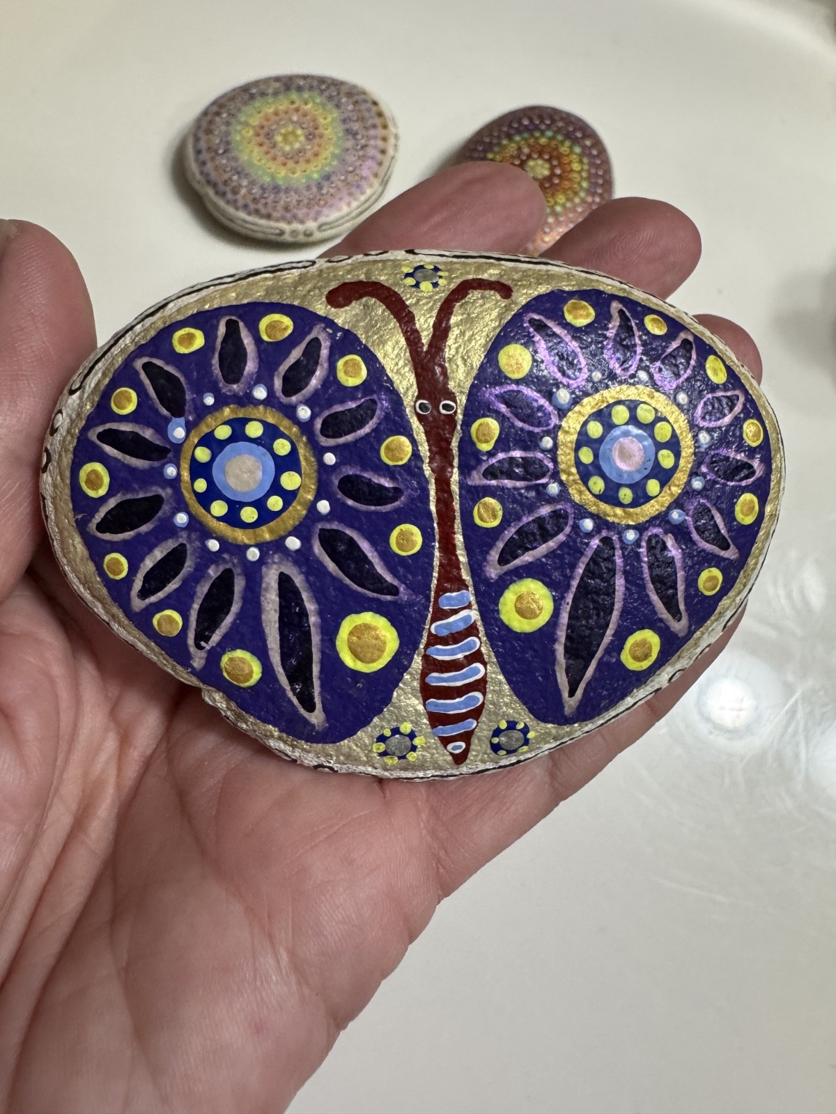 7 Mandala Stones Dot Artwork Rocks Meditation Butterfly Multicolor Hand Painted