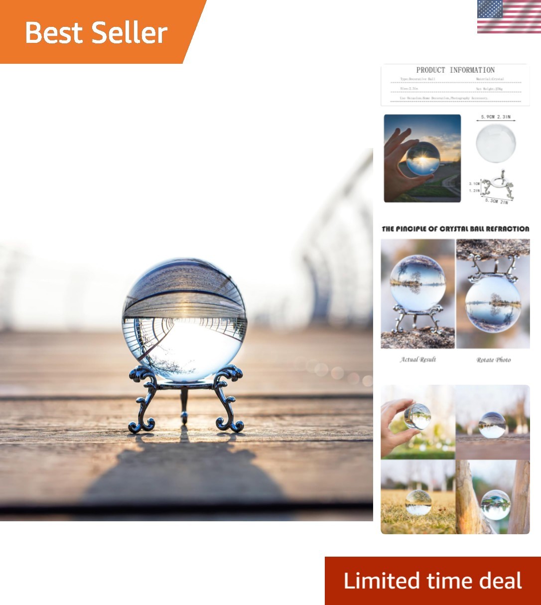 2.3in Sparkling Clear Crystal Ball with Stand 60mm Handcrafted Photography Pr…