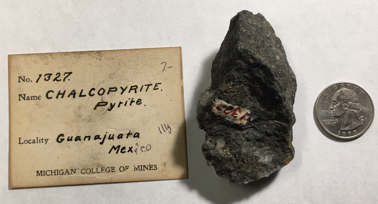 Chalcopyrite, Guanajuato, Mexico. Former Michigan College Of Mines Specimen.