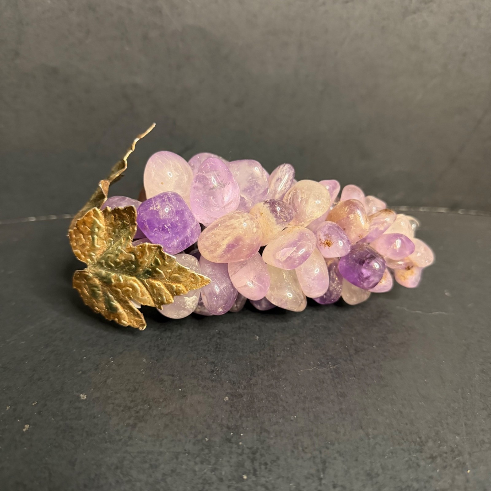Polished Amethyst Purple Quartz Crystal Grape Cluster Brass Leaf Paperweight