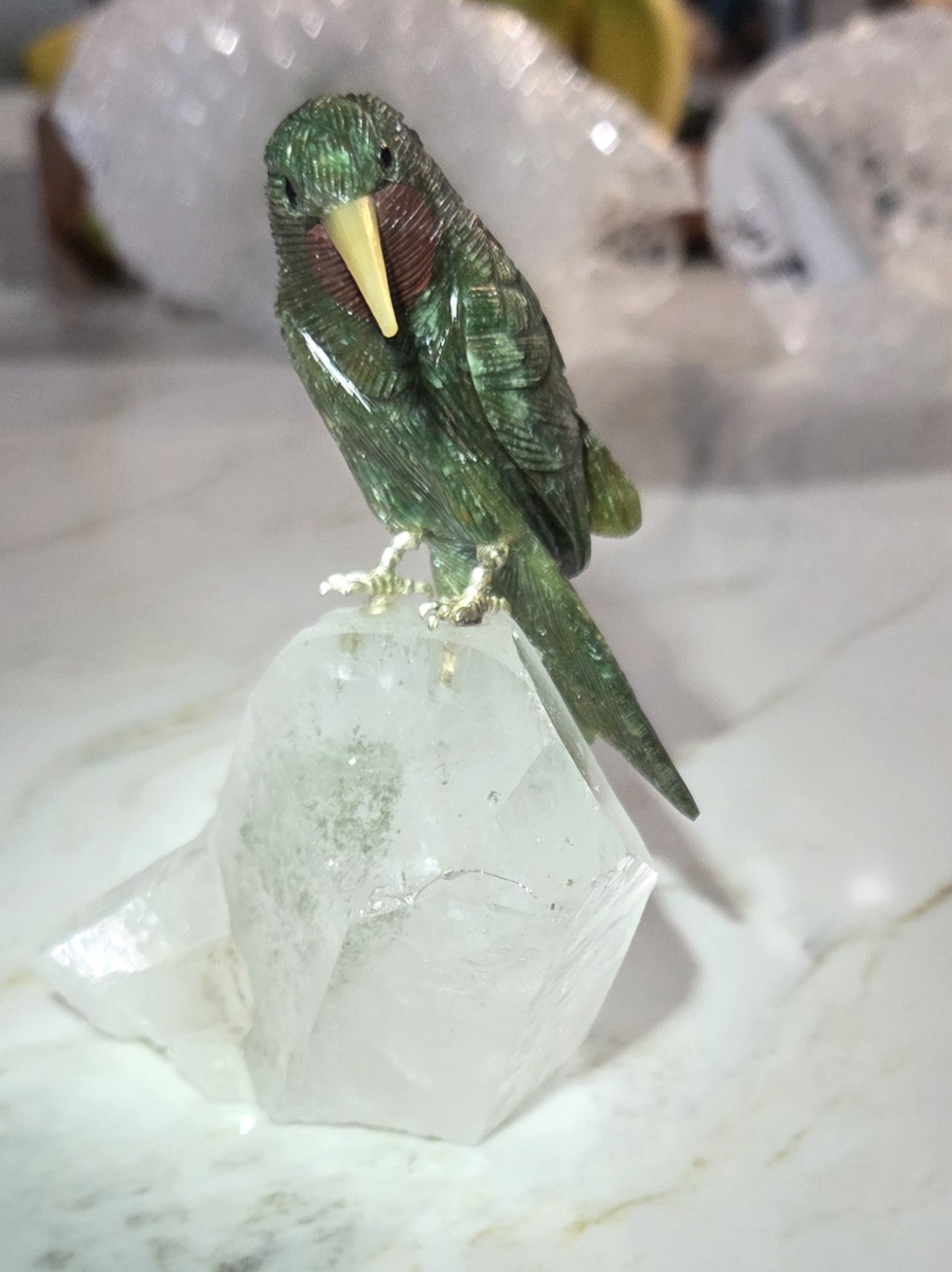 Peter Müller Carved Gemstone Hummingbird on Tourmalinated Quartz Crystal 4.5″