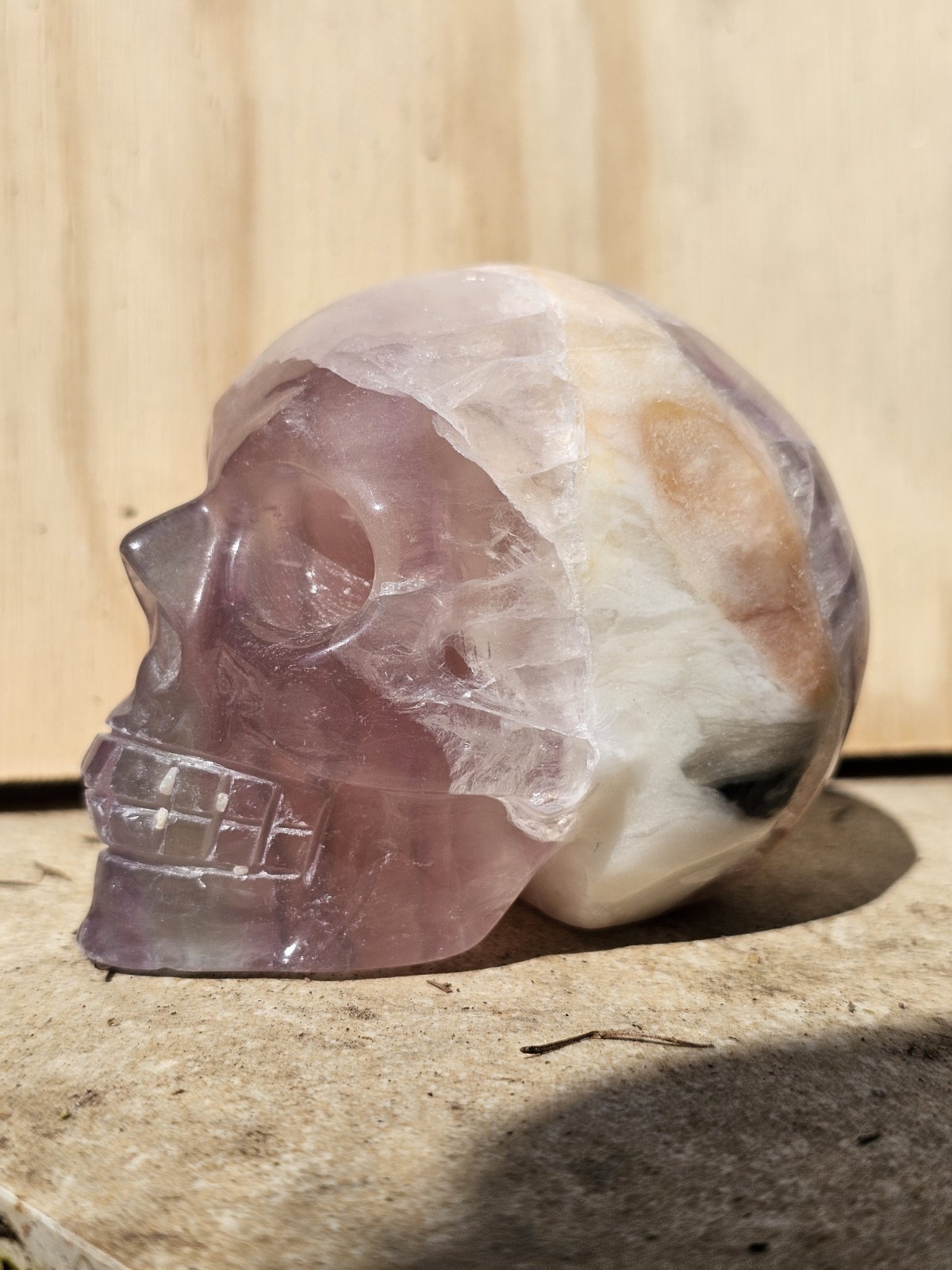 Rainbow Fluorite Skull Crystal Carving 380g Purple 5.6 x6.4 x4.7cm