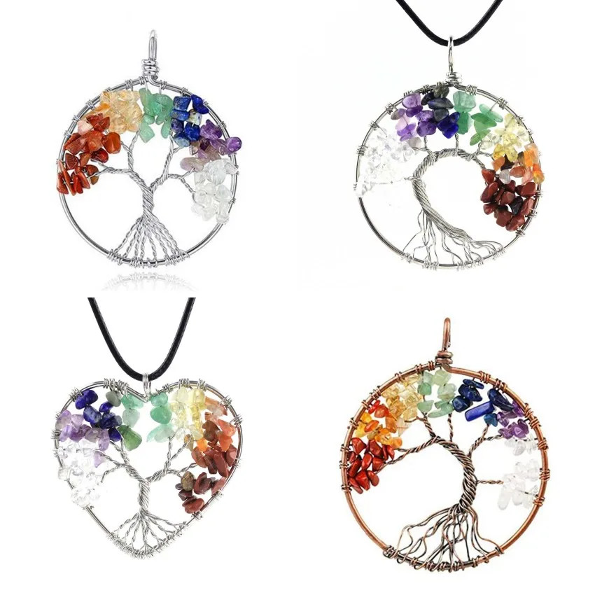 KFT Natural Tree of Life Stone Pendant Amethysts Crystal Reiki Wire Wrapped roun