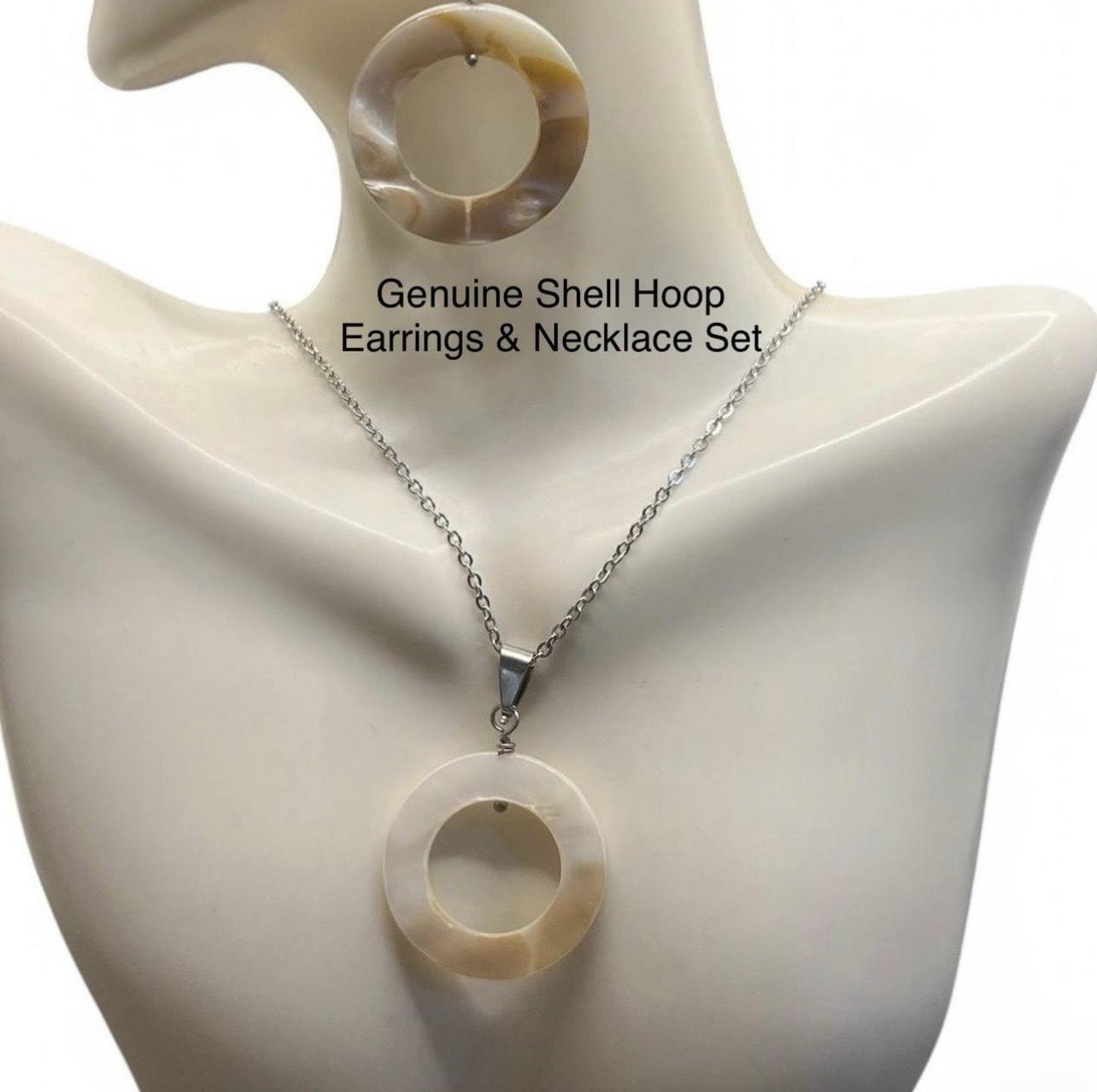 Genuine Shell Handmade Hoop Shaped Pendant Necklace & Earrings – Iridescent