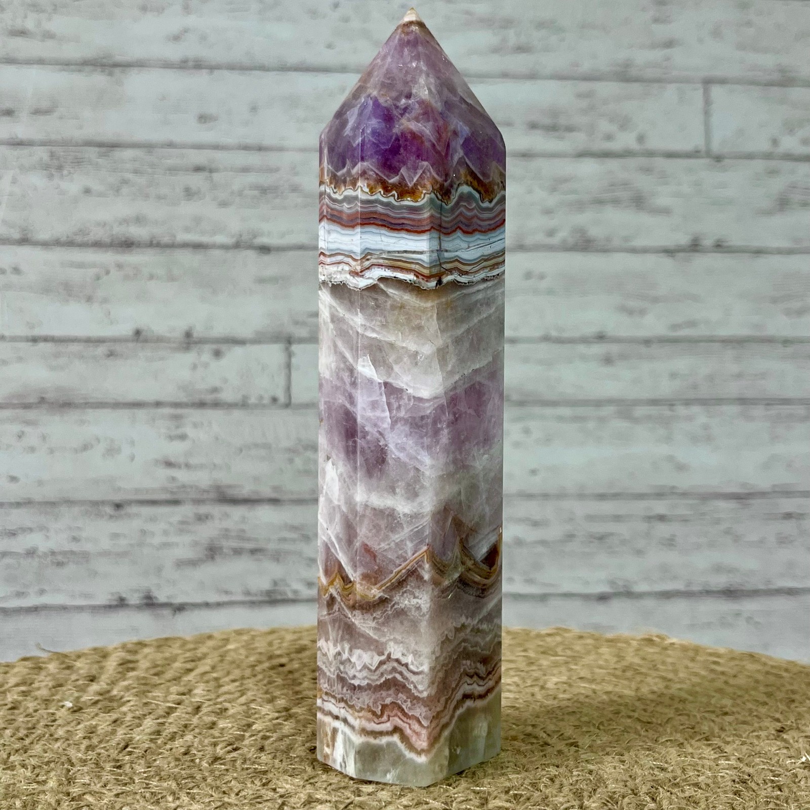 381 g Natural Amethyst Agate Tower Striped Pattern Crystal Obelisk