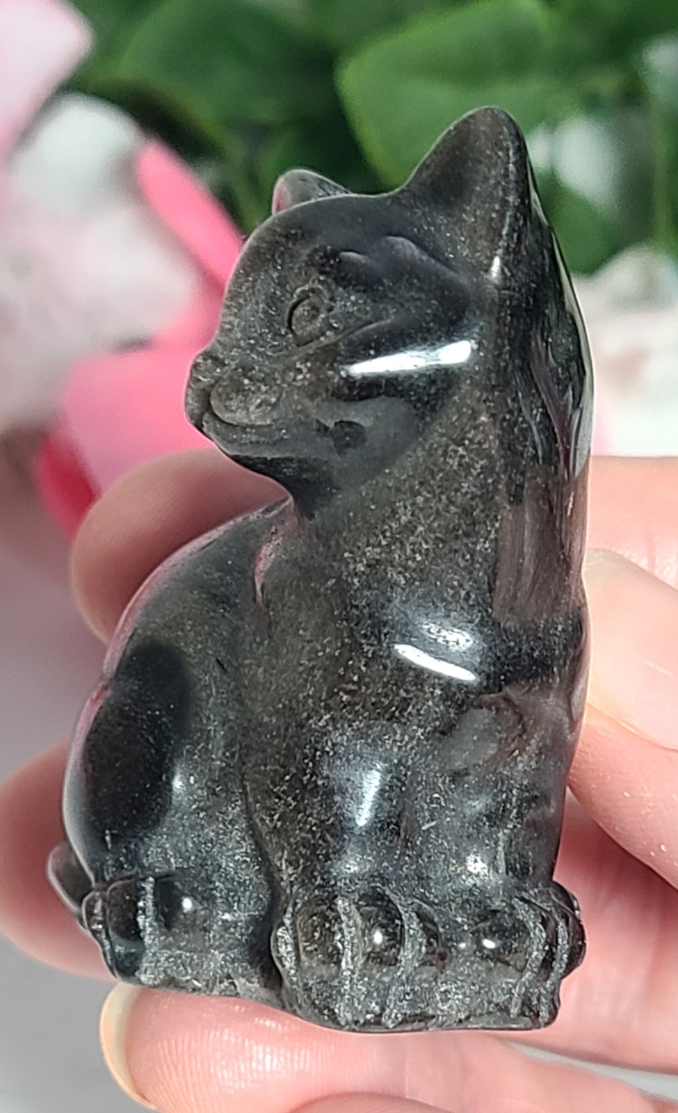2″ 53g Adorable Silver Sheen Obsidian Sitting Cat Crystal Stone Carving Statue