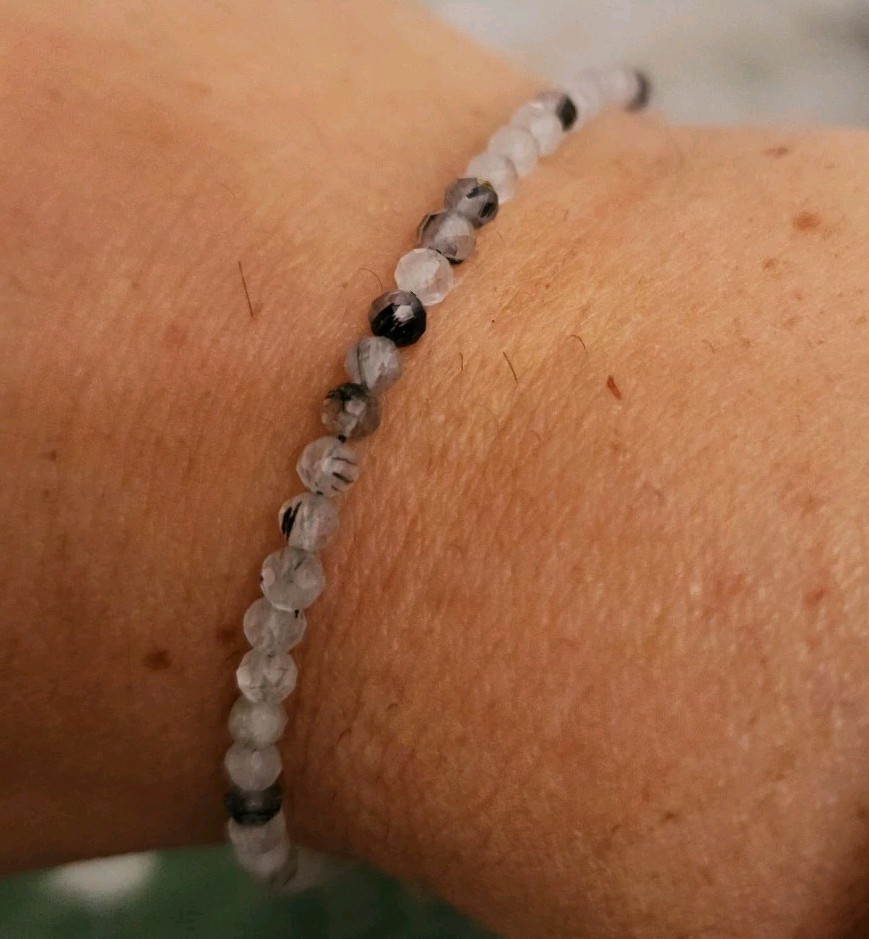 Natural 3mm Black Rutile Quartz Bracelet Crystal Multi-Faceted Beads w Clasp