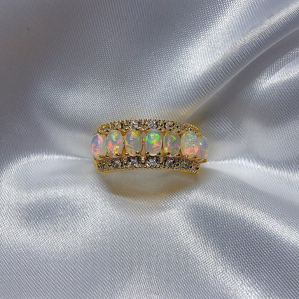 Rainbow Flash Opal Adjustable Open Ring Gemstone Jewelry Healing Gift For Women