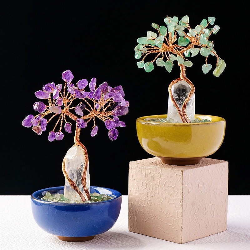 Handmade Copper Wire Wrapped Natural Crystal Tree w/Ceramic Bowl – Lucky Energy