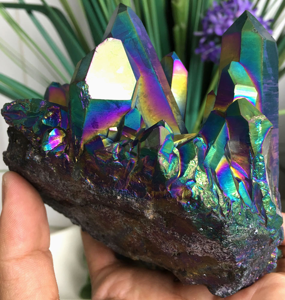 579g Rainbow Titanium plated Crystal Cluster, color-changing crystal