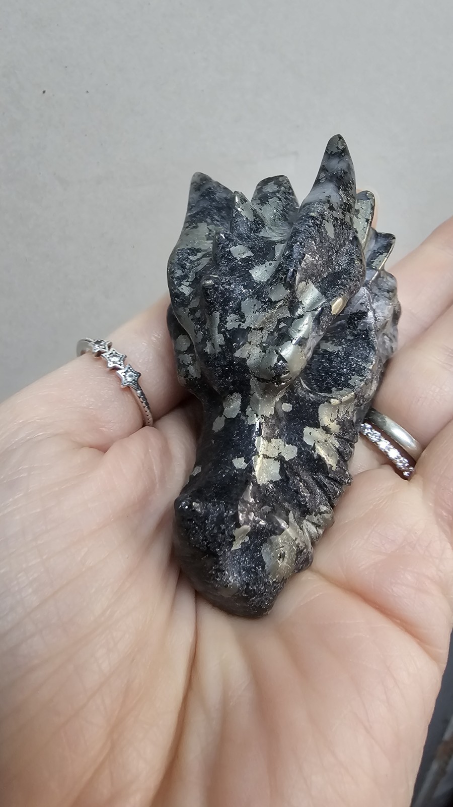 Pyrite crystal Dragon head Carving 6.8 X 4.4cm 157g Abundance Wealth