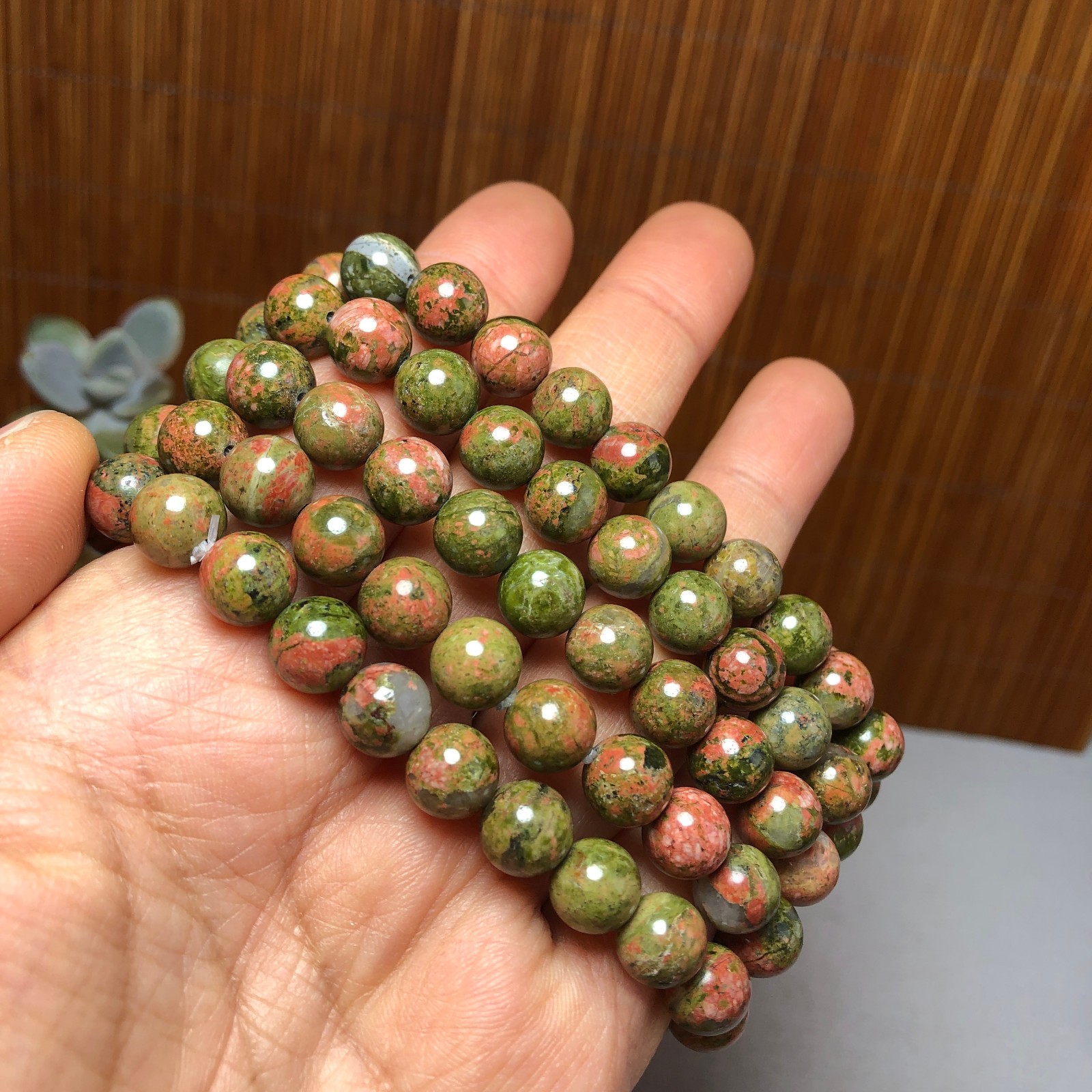 5Pcs Wholesal Natural Polish Unakite stone bracelets Crystal ball 8mm A3424