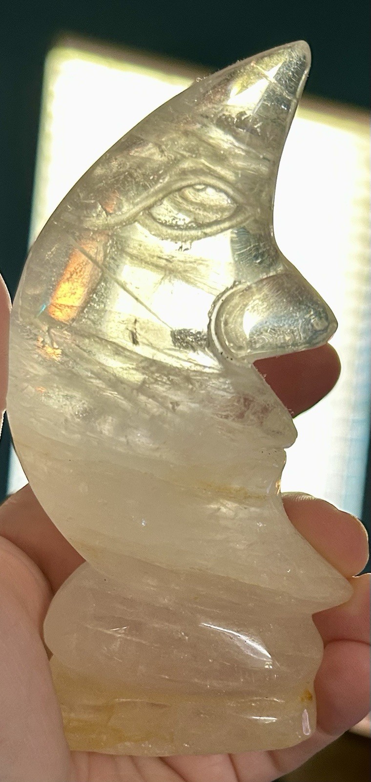Clear Quartz Moon With Face & Golden Inclusions Crystal Carving Polished Natural