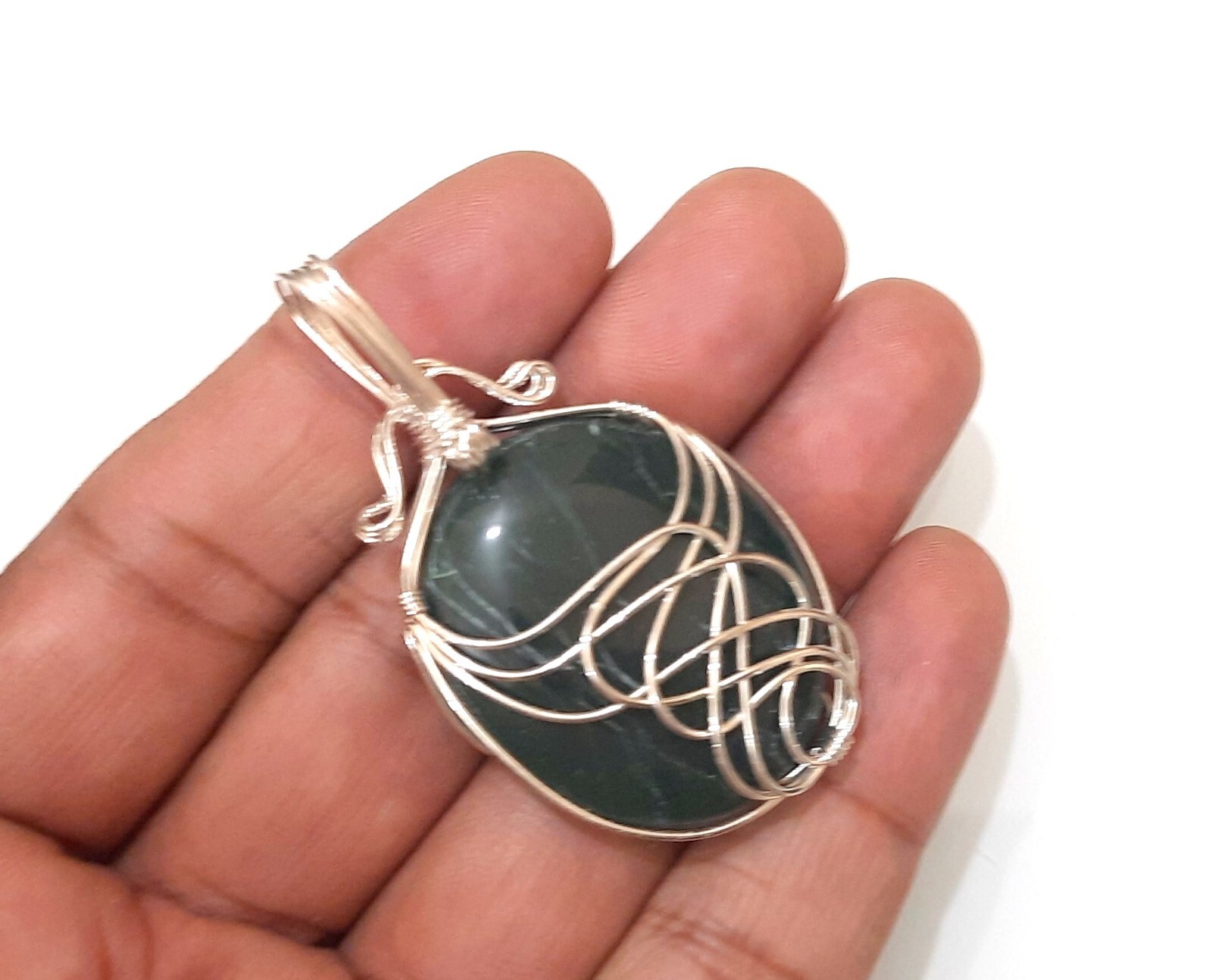 Natural stone Green Jade Wire Wrapped Unisex Pendant with cord and pouch