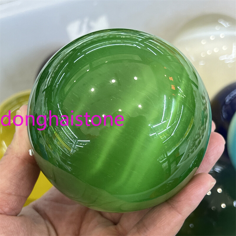 73mm+ Green Cat’s eye Carved Ball Quartz Crystal Sphere Figurines Healing 1PC