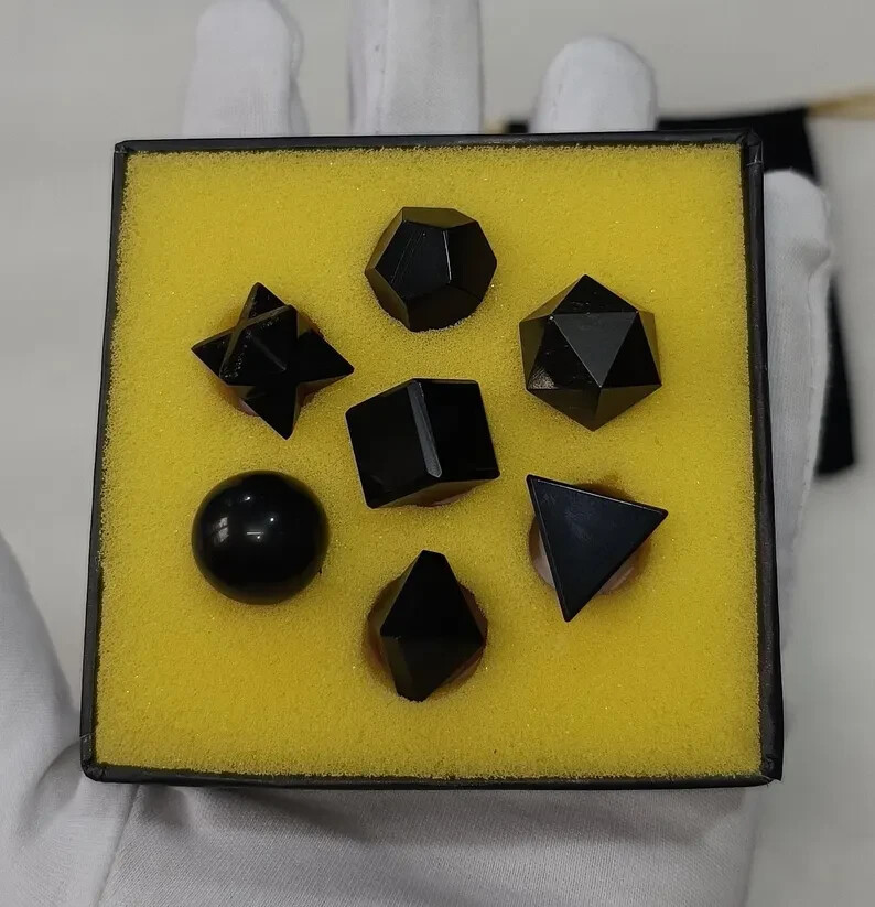 Natural Black Obsidian Platonic solids set 7 Pieces, With Premium Box.