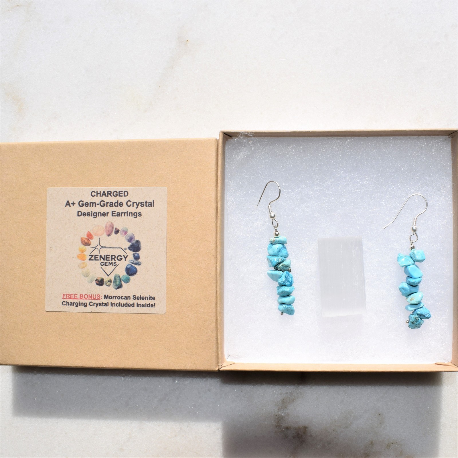 CHARGED Arizona Turquoise Crystal Chip Earrings + Selenite Heart Charger