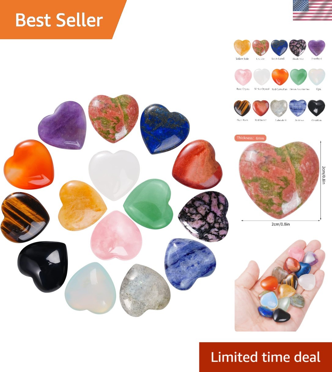 15 Heart-Shaped Chakra Stones – Healing Crystal Pocket Set for Mindfulness