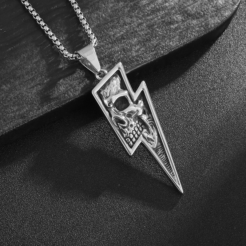 Men’s Fashion Jewelry Silver & Gold Skull Lightning Bolt Pendant Necklace