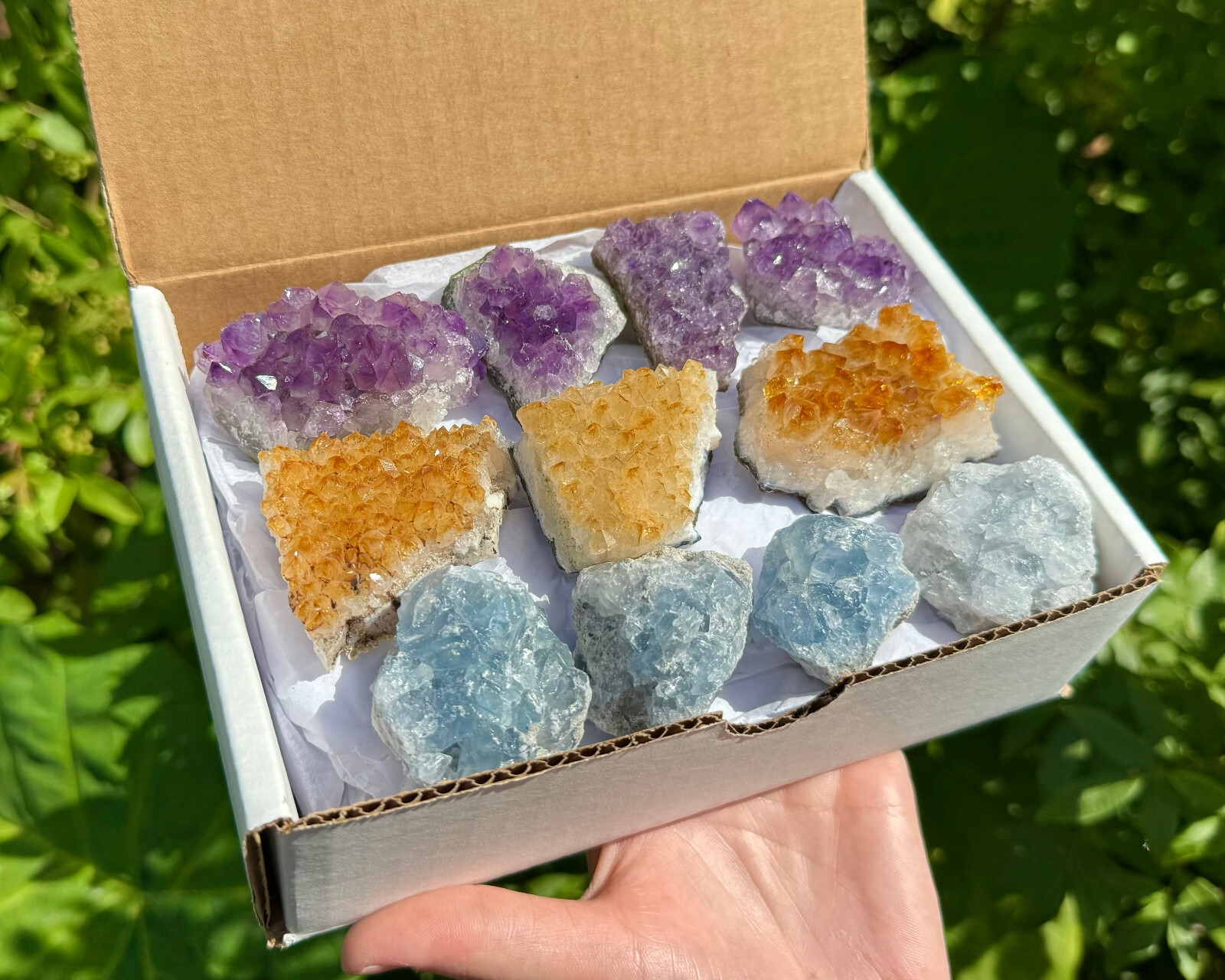 Bulk Celestite, Citrine & Amethyst Crystal Clusters: 9-12 Piece Box Lot