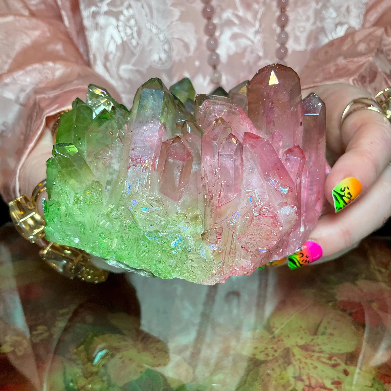 Pink & Green Aura Quartz Crystal Cluster ~ Large 1 Lb. 4 oz. ~ 4″ Long ~ Electr