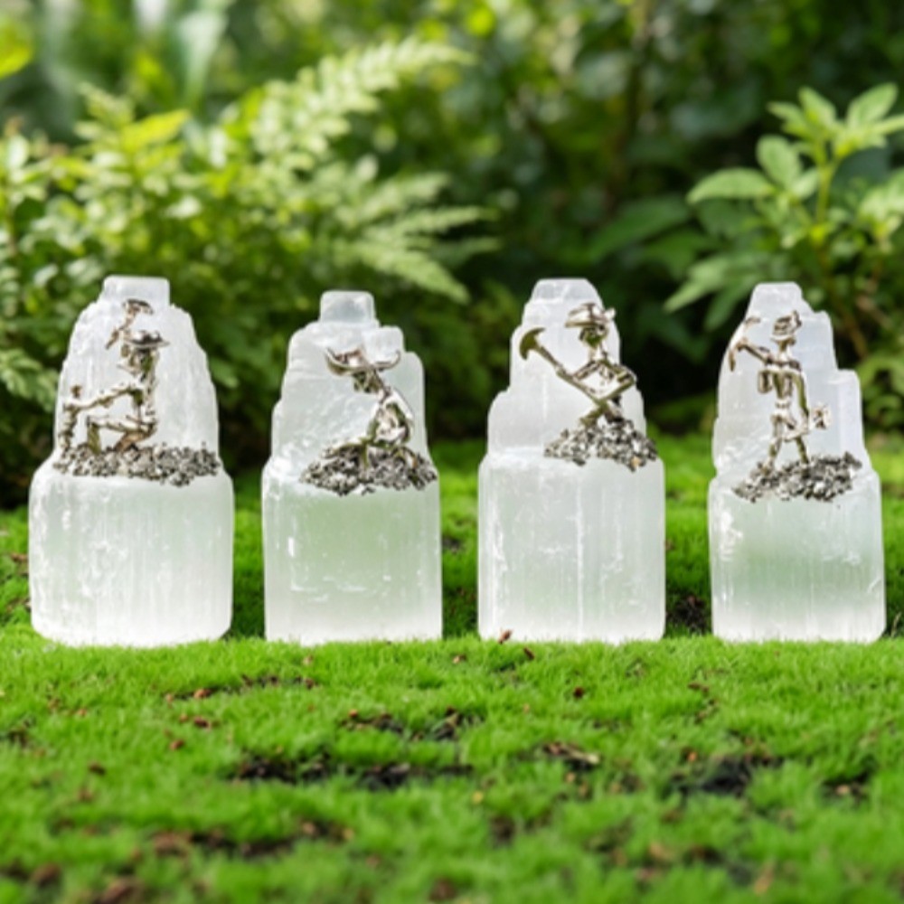 Natural Selenite Tower with Alloy Miner Figurine Pyrite Crystal Healing Decor2pc