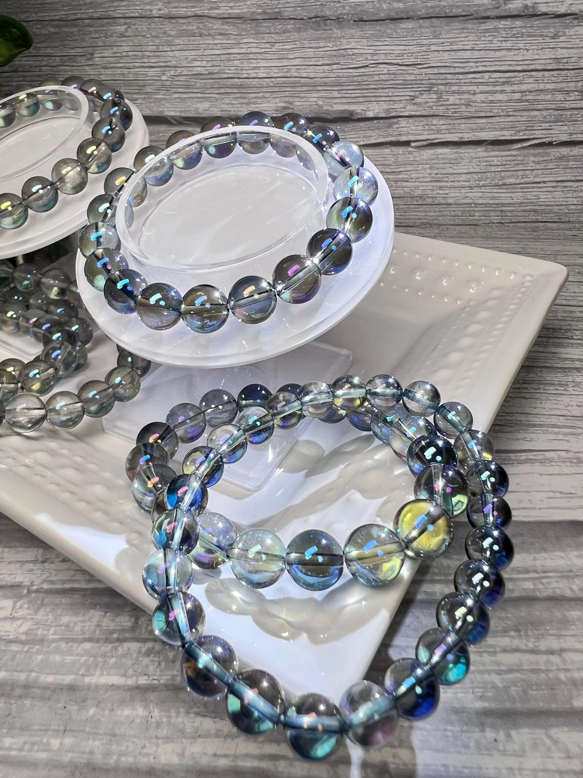 Rainbow Aura Coated Clear Quartz Bracelet, Blue Iridescent Aura Coating over