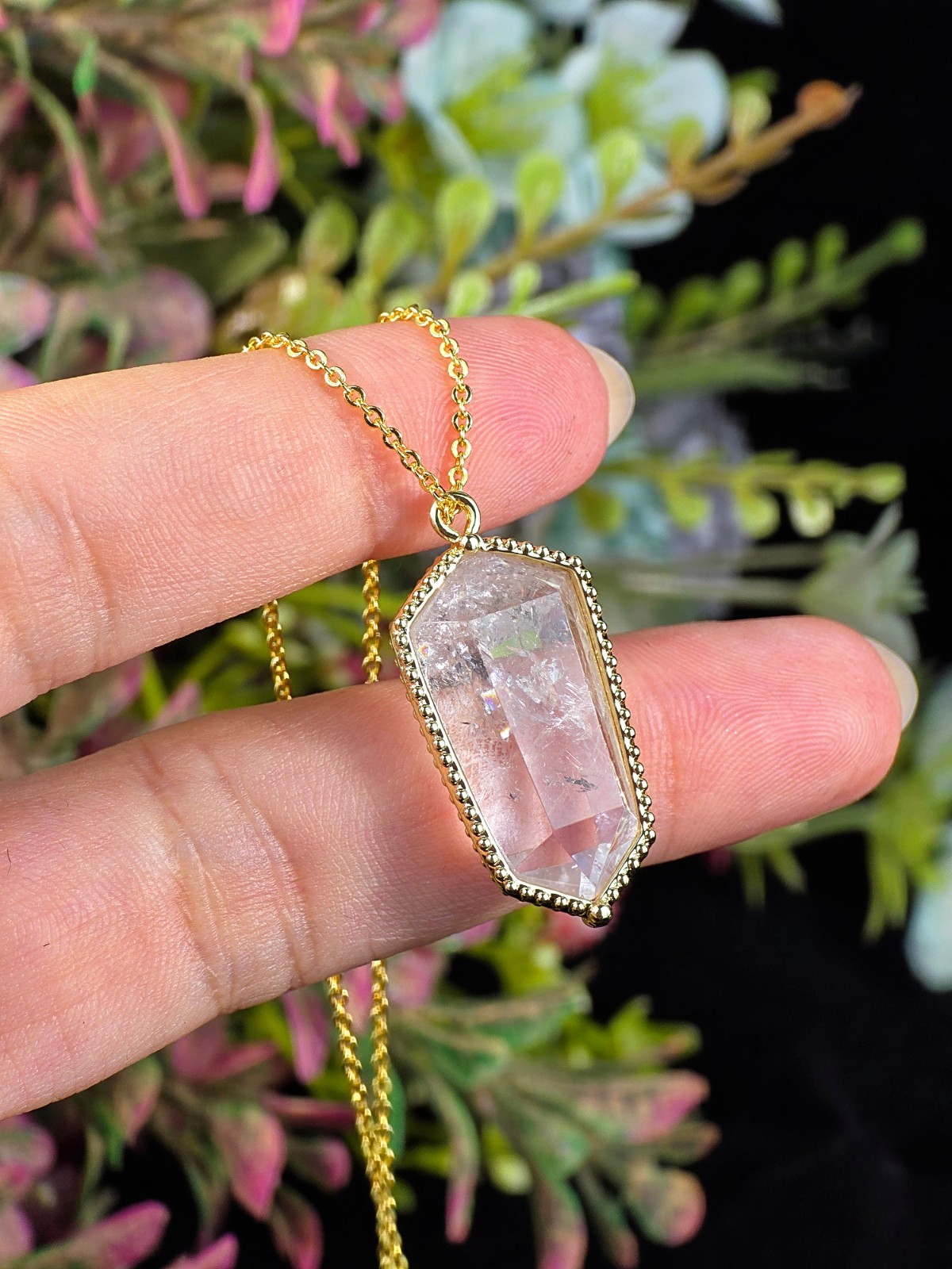 CLEAR QUARTZ CRYSTAL NECKLACE IN ELECTROPLATED GOLD SPIRITUAL JEWELRY GIFT