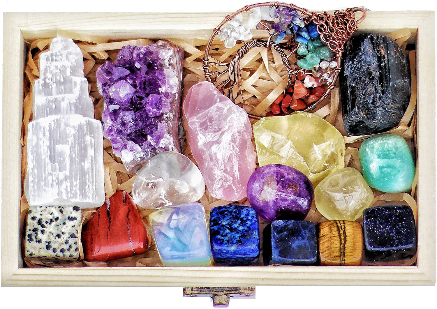 16 LARGE Natural Healing Crystals Set in Wooden Box – Tumbled, Rough & Raw Cryst