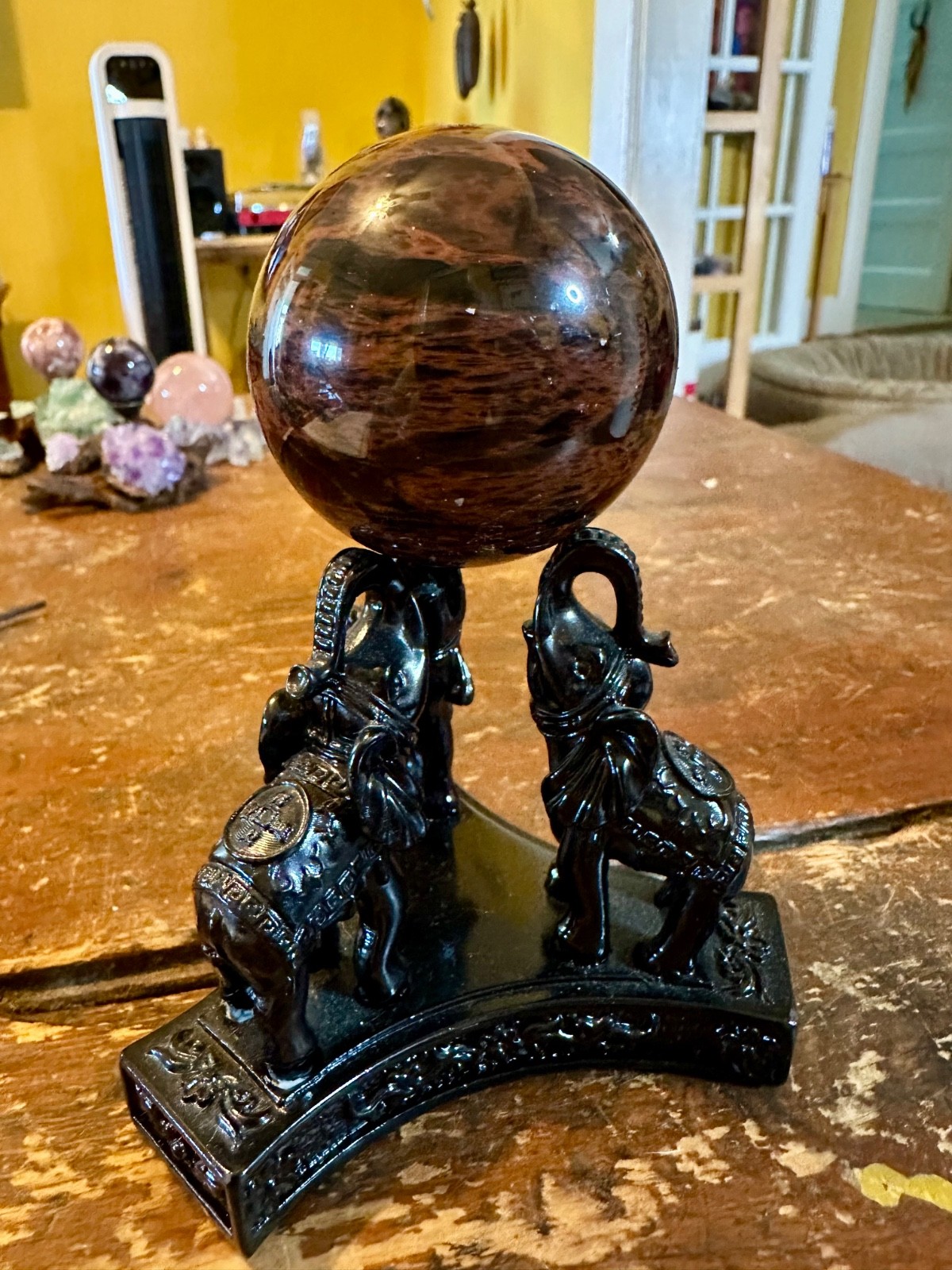 Mahogany obsidian black crystal sphere with elephant stand free shipping