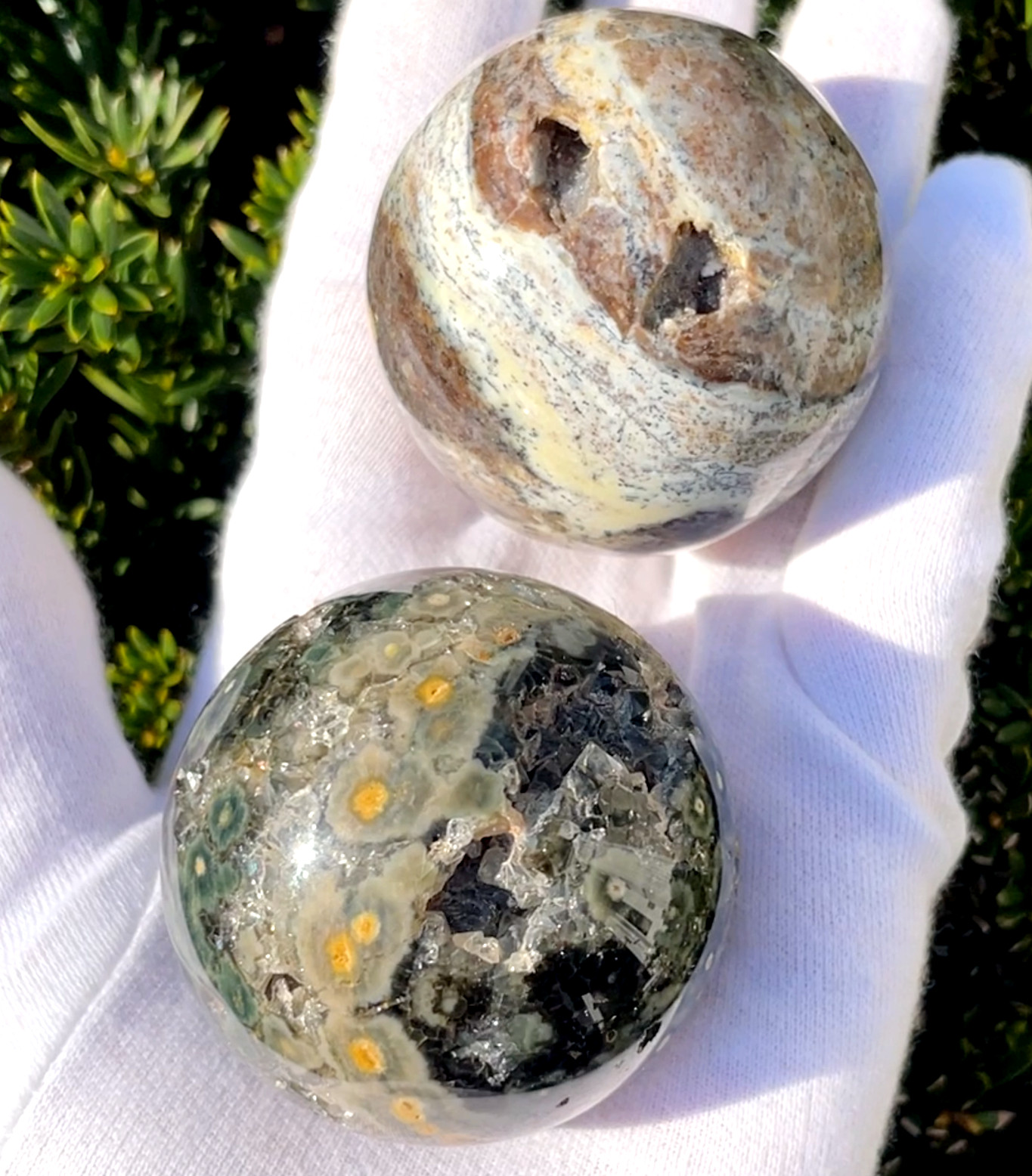 246g LOT 2 OJ OCEAN JASPER SPHERES SPARKLY DRUZY VUGS Kabamby SPHERE ORB ORBS