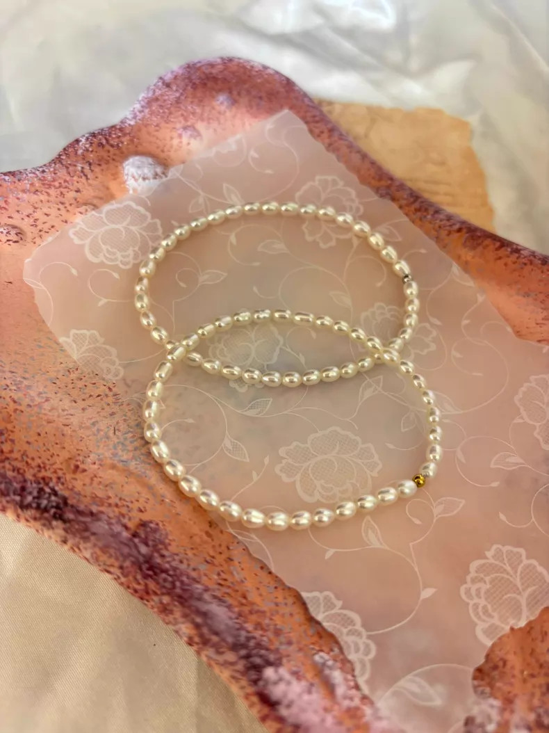 Natural 6A Aurora Pearl Bracelet, 3-3.5mm Rice Pearls, 925 Silver, Elastic