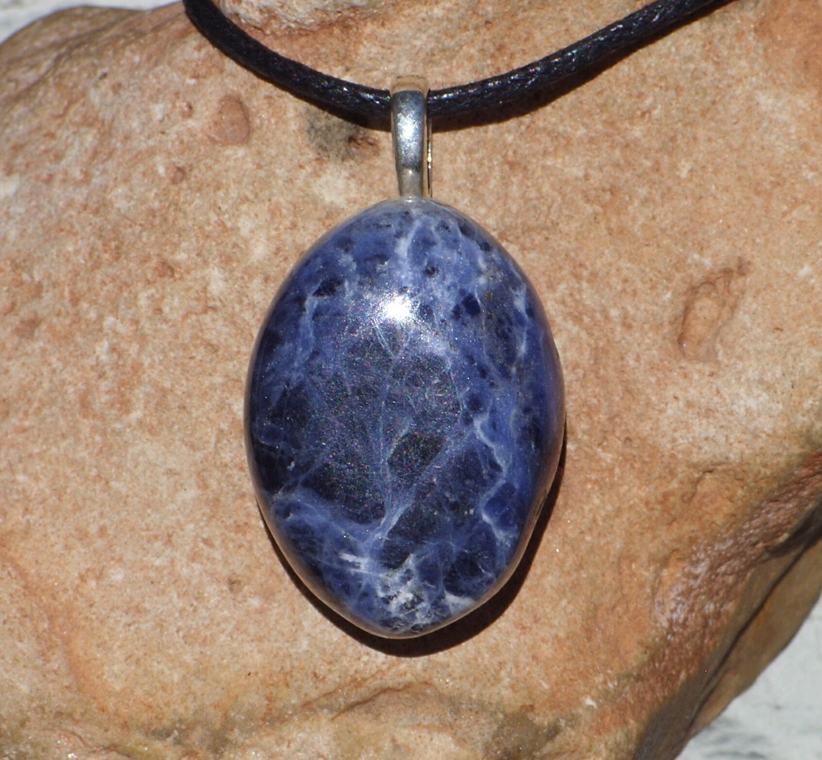 Sodalite Polished Stone Free Form Crystal Pendant Adjustable Cord Necklace