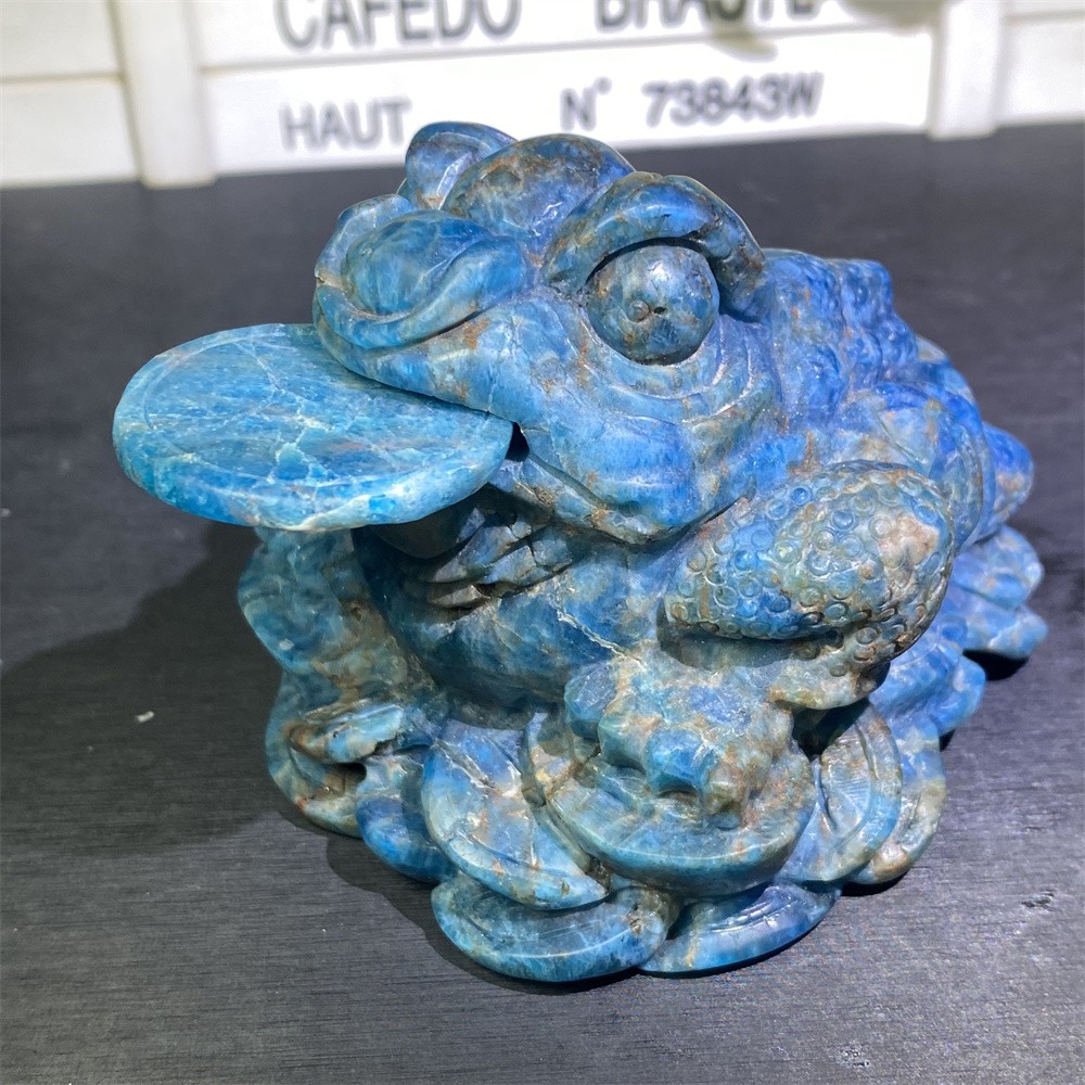 2.2LB 4″Natural A+Blue Apatite Golden Toad Statue Crystal Reiki Carving Decor