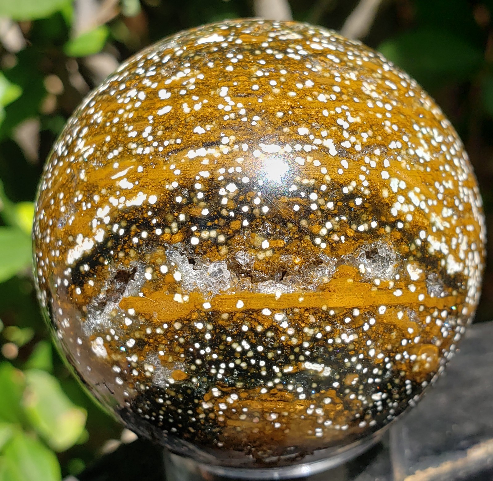 2.1″ Natural 8th Vein Orbicular Ocean Jasper Crystal Sphere Quartz UV Druzy,199g