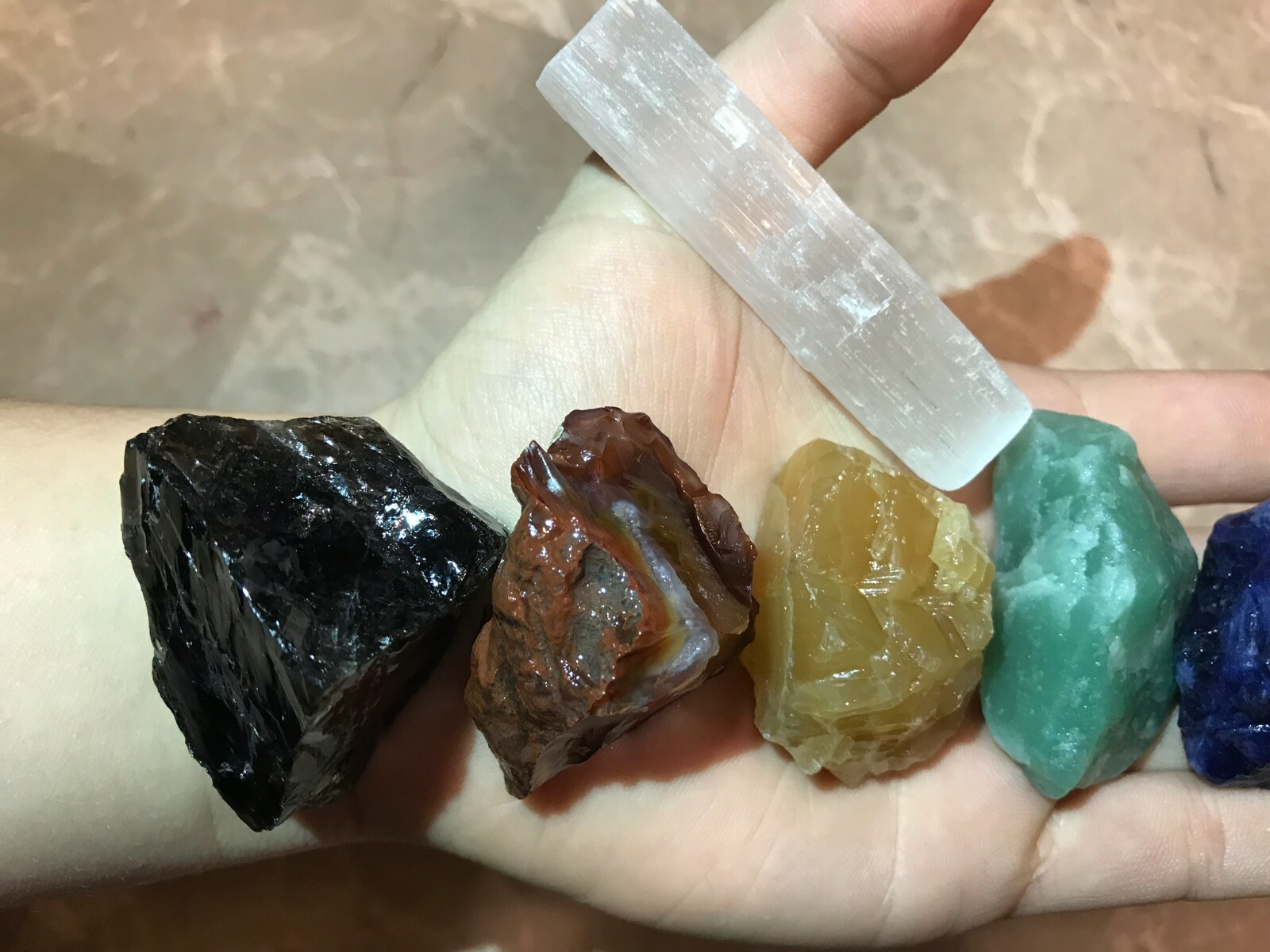 Large Chakra Stones Set: 7 Rough Crystals & Raw Selenite 3/4 Lb+ (CHARGED ROCKS)