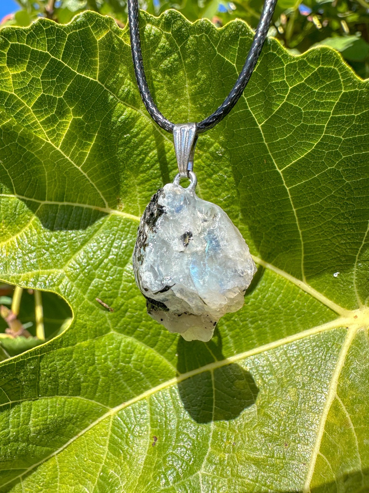 Rough Rainbow Moonstone Pendant / Raw White Blue Moonstone Crystal Necklace