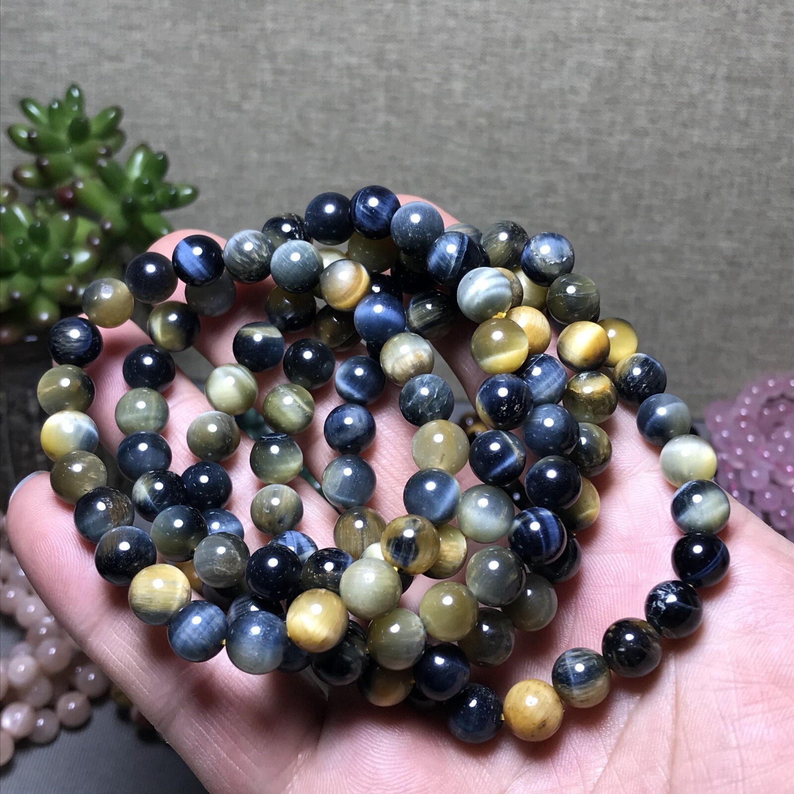 5Pcs Wholesal Natural Polish yellow Blue Tiger eye bracelets Crystal ball 8mm
