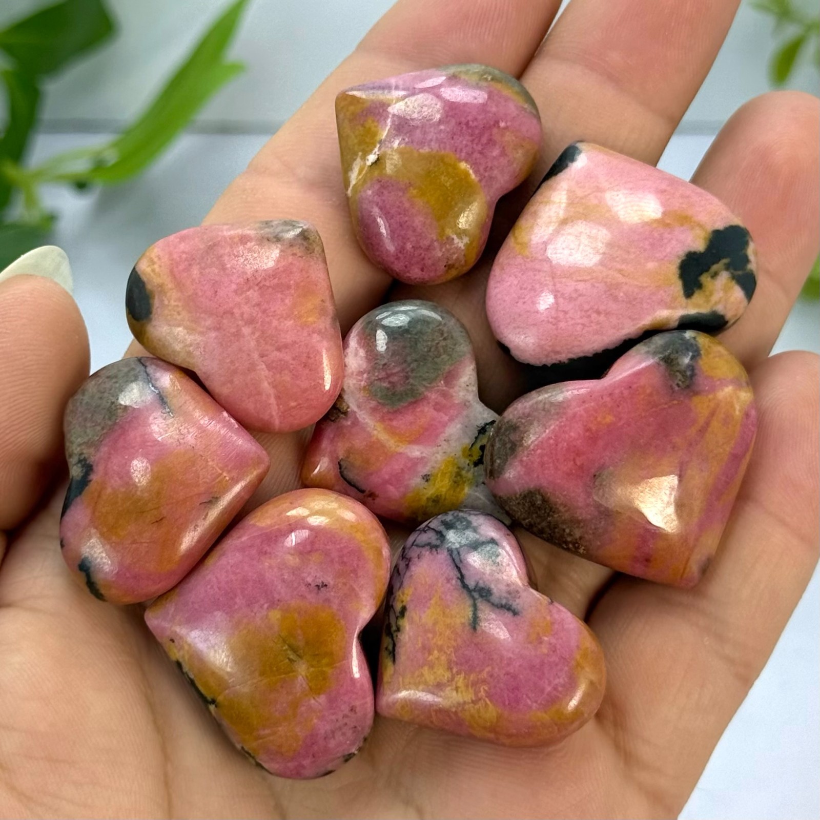 Pink Polished Rhodonite Crystal Heart Stones, Rhodonite Polished Pink Heart Ston