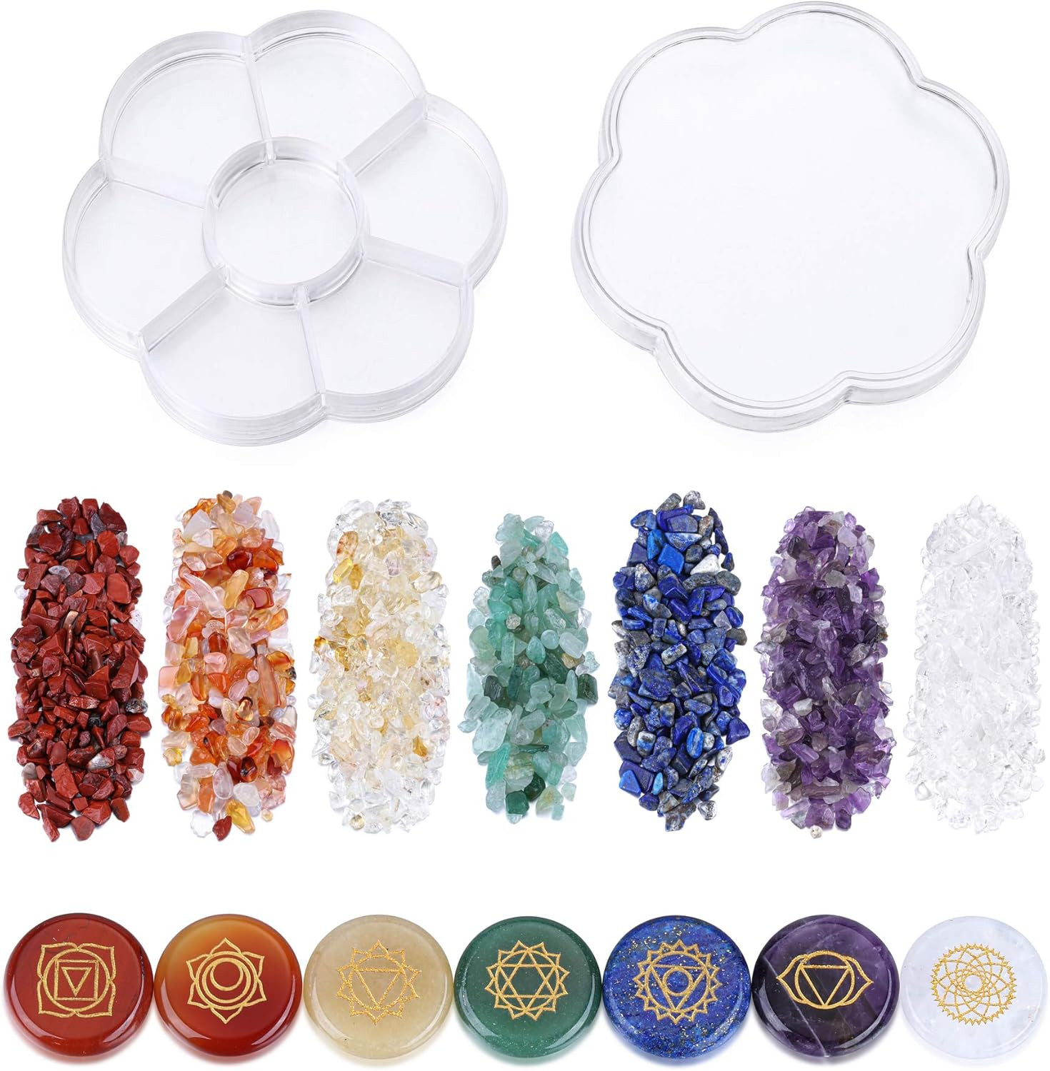 7 Chakra Crystal Stones Set Engraved Symbols Tumbled Polished Reiki Wicca Gift