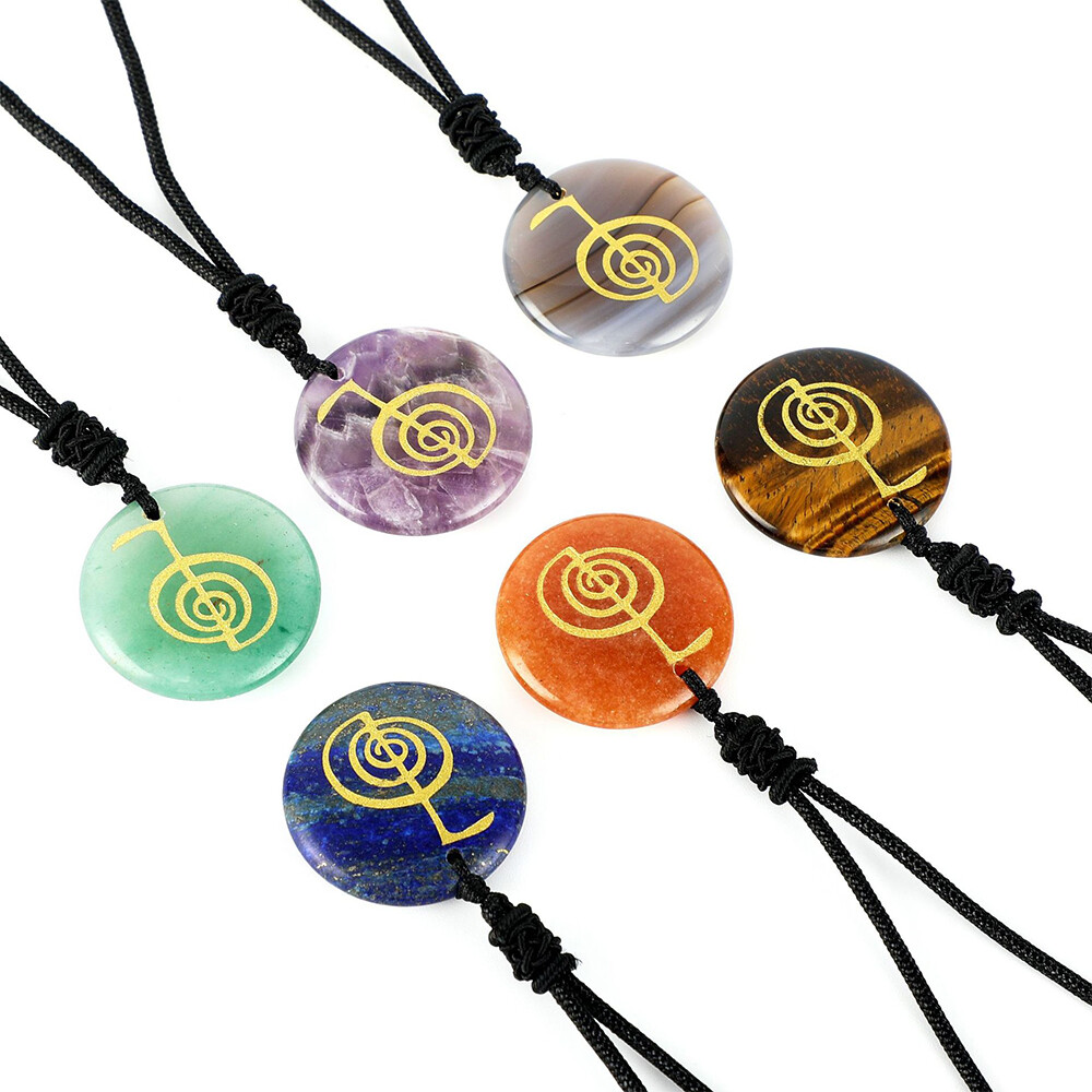 Natural Crystal Cho Ku Rei Quartz Necklace Stone Aura Symbol Round Pendant Reiki