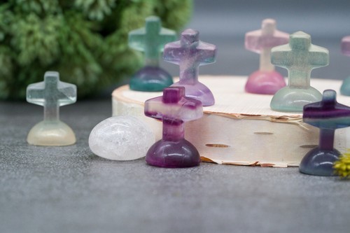Rainbow Fluorite Crystal Cross Carving Stone Healing Protection Halloween Tier