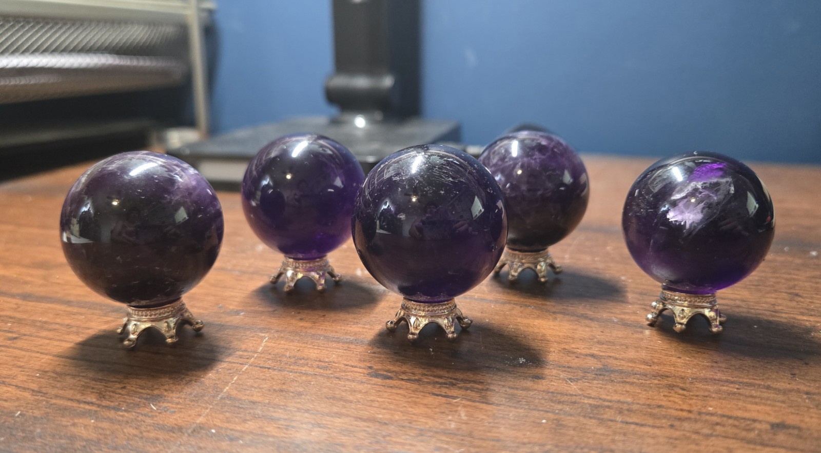 Set of 5 NEW Deep Purple Amethyst Crystal Spheres on 5 Metal Crown Stands. USA