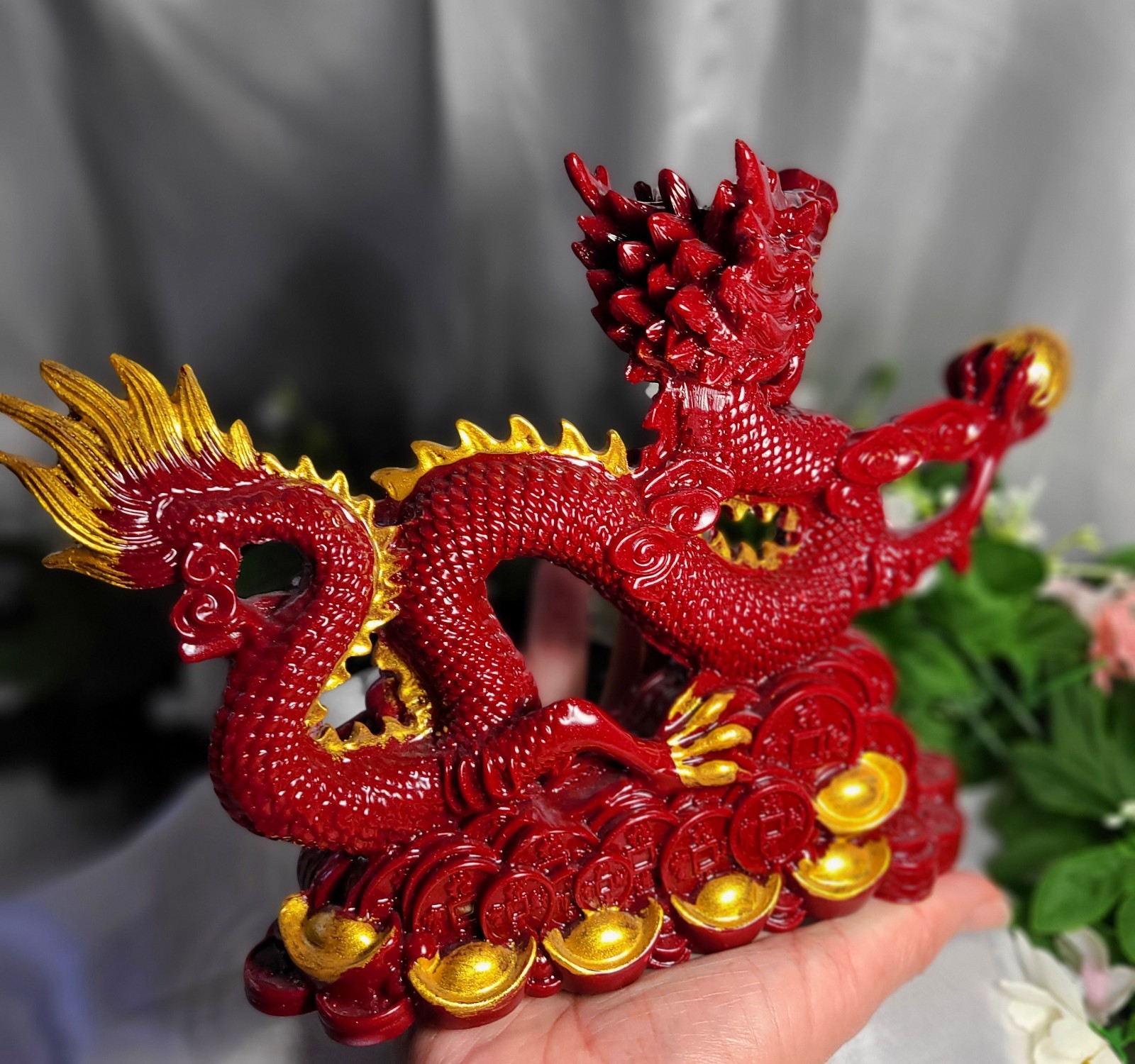 XL 9″ 2.4 lbs Genuine Cinnabar Stone Full Body Chinese Dragon Crystal Carving