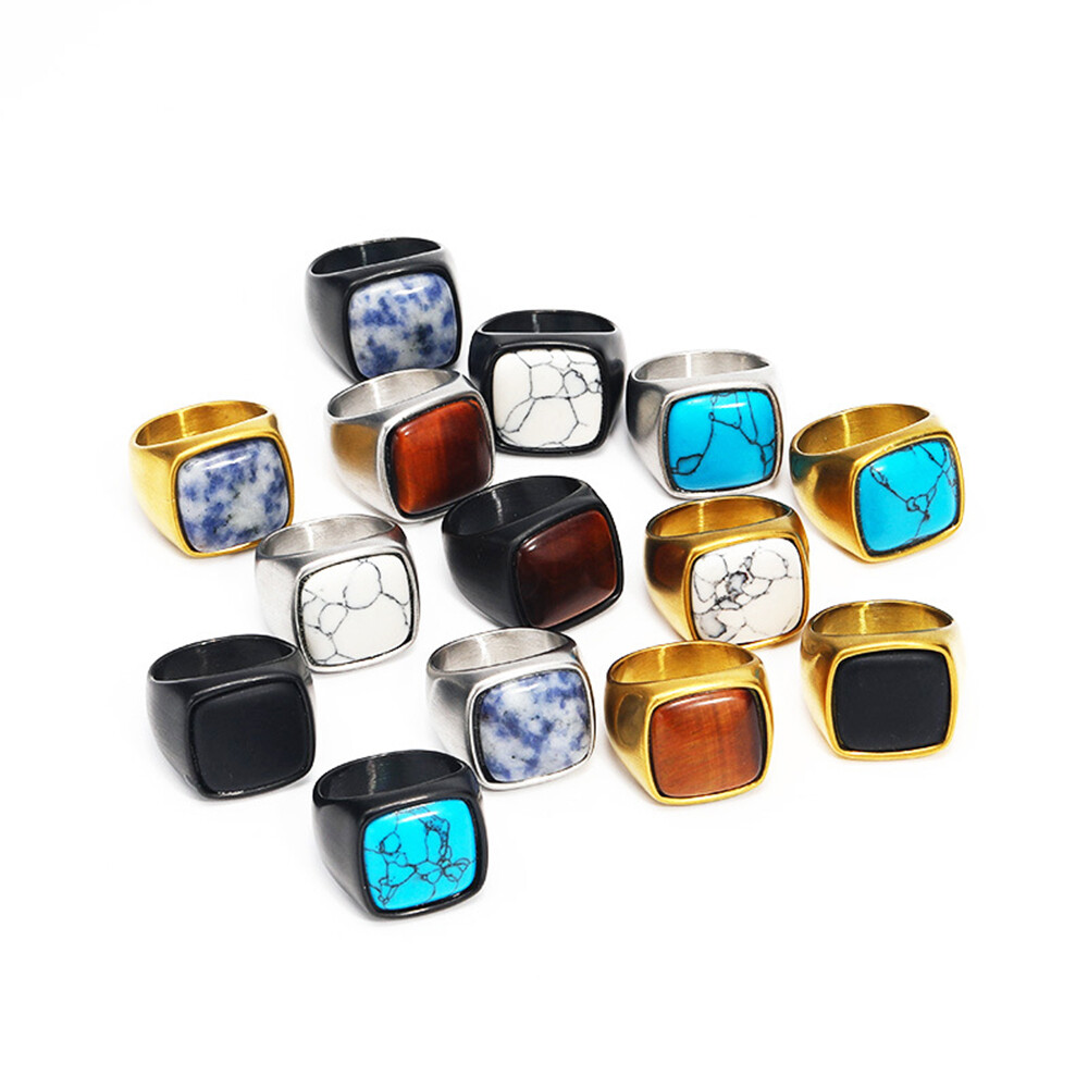 Punk Square Titanium Steel Ring Crystal Stone Gemstone Band Wedding Jewelry Men