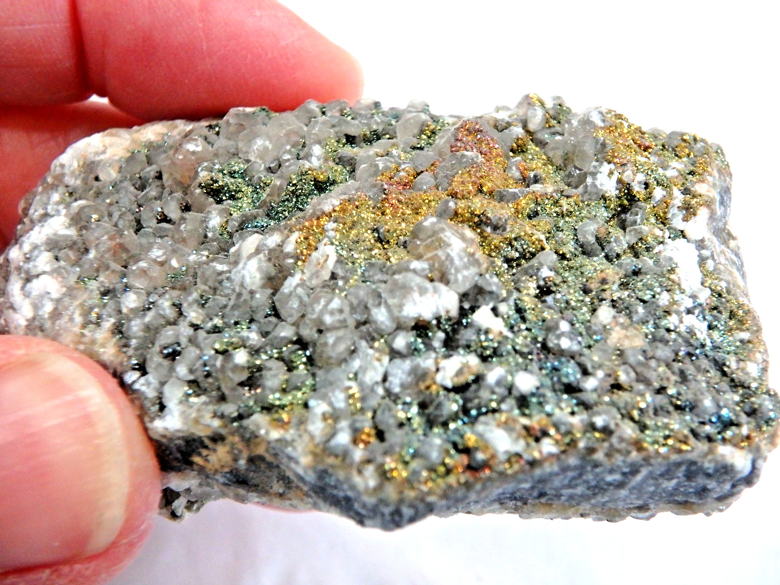 💚✨Rainbow Chalcopyrite on Calcite 💚 94.8 grams Lots of Sparkles