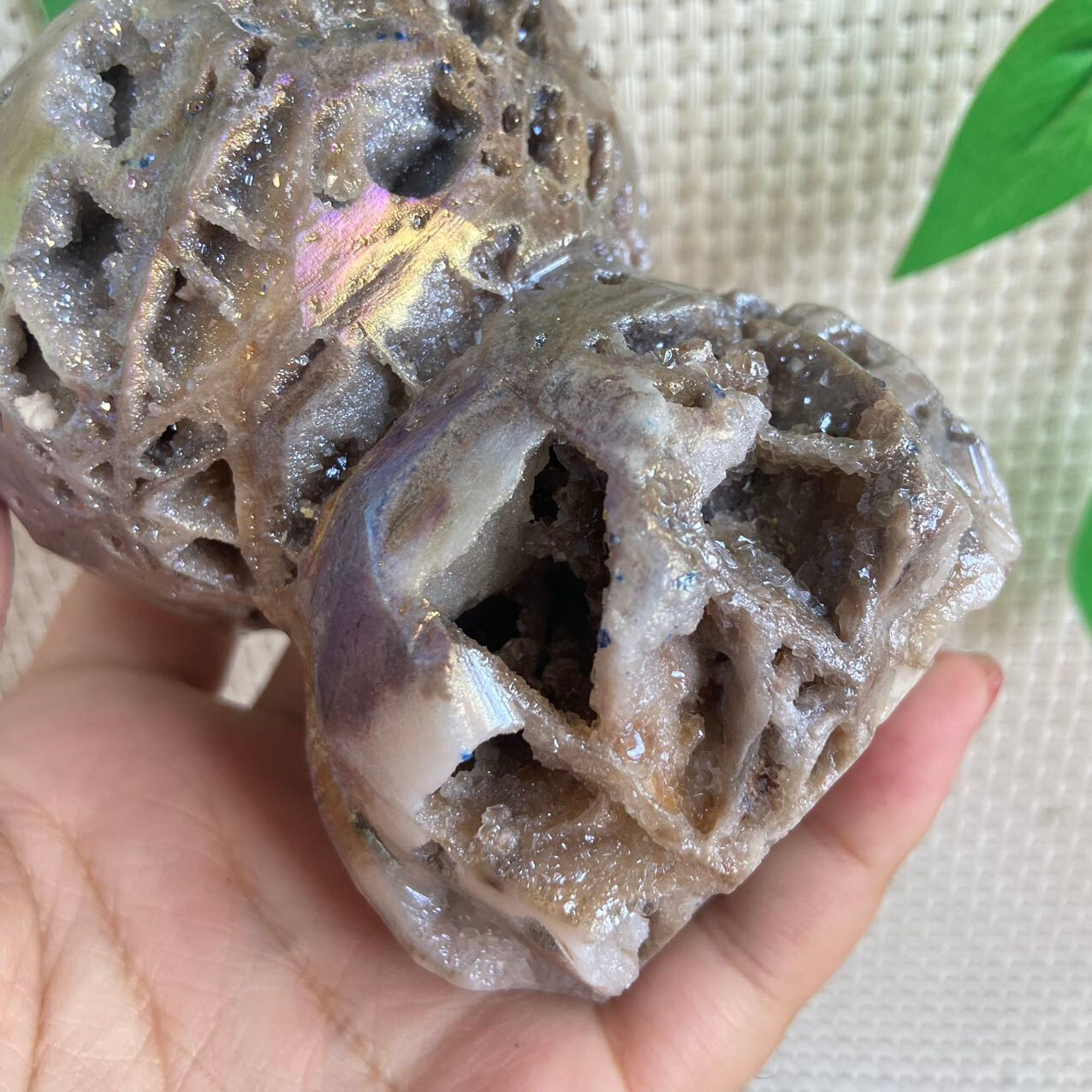 480g Titanium Angel Aura Sphalerite Stone Hello Kitty Carving Crystal Specimen