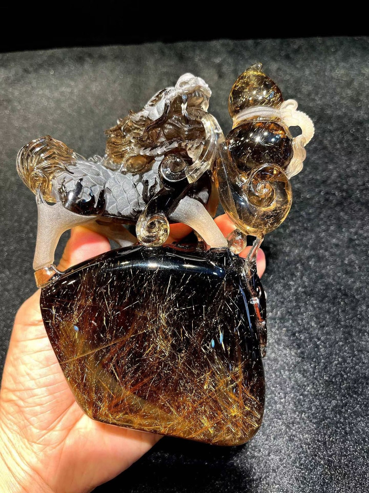 2.46LB Natural Rutile Quartz Hair Crystals Carved Chinese Dragon Skull + Stand