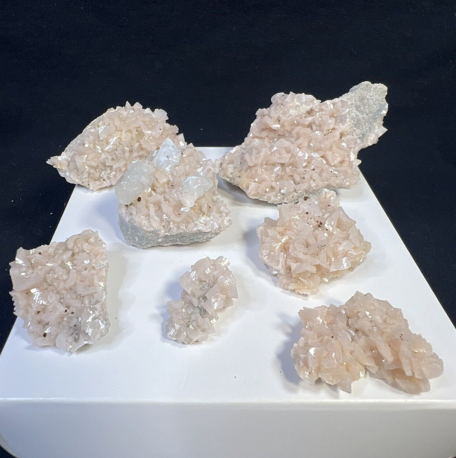 Lot of 7 Light Pink Dolomite Crystal Clusters with Chalcopyrite